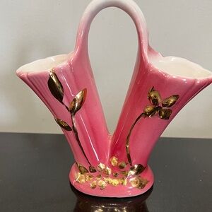Vintage Shafer 23K Gold Double Sided Planter Vase Pink Mid Century Signed